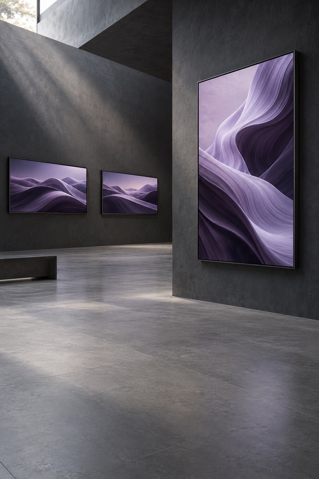 Digital displays showing lavender artwork in a contemporary gallery